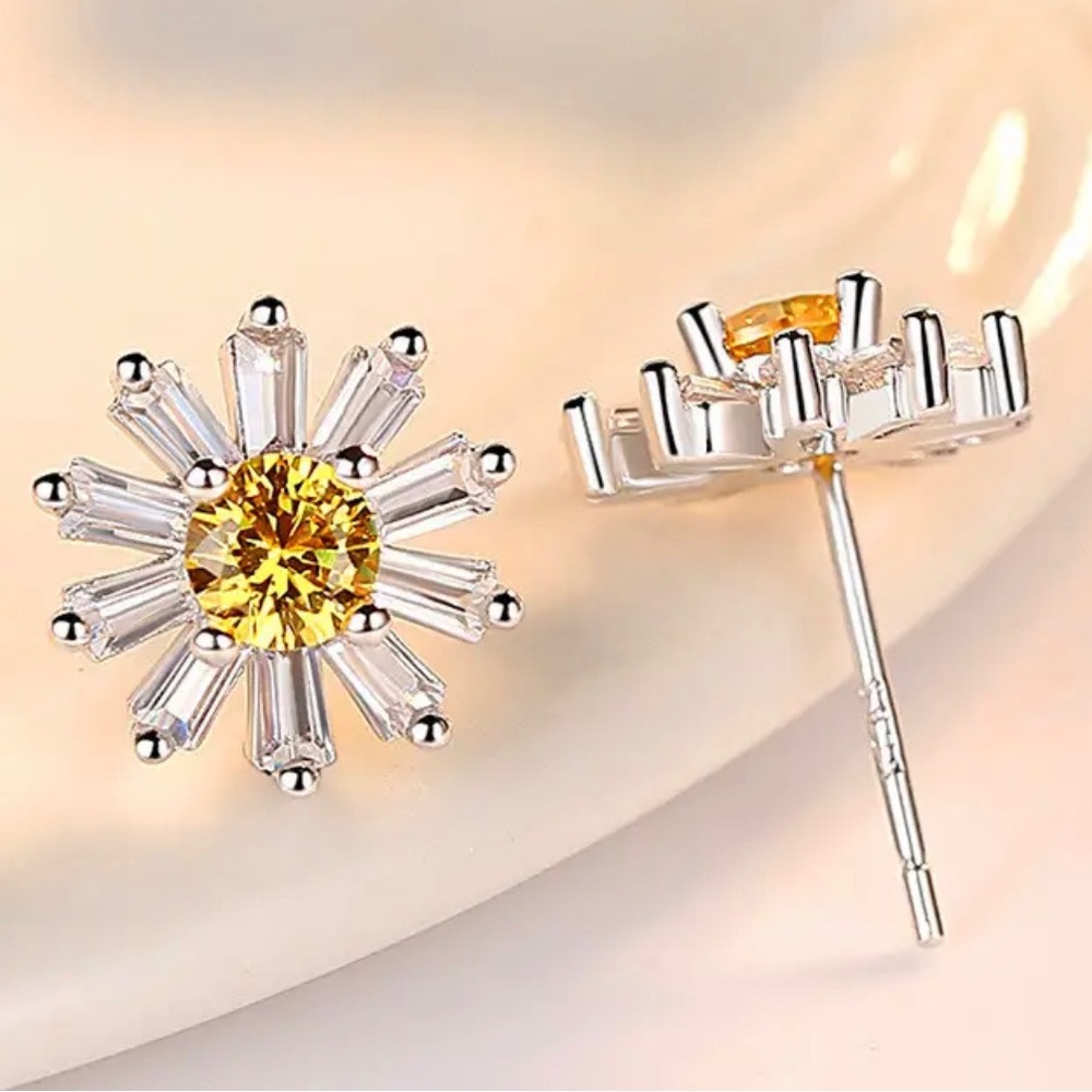 Yellow and White Round Crystal Sunflower 925 Sterling Overlay Earrings - Picture 1 of 7